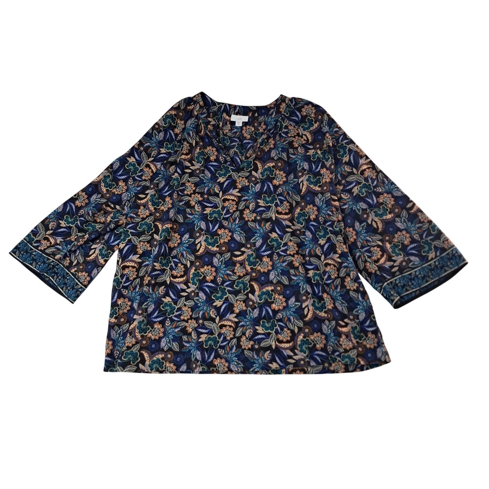 J. Jill Blouse Womens XL Blue Floral V-Neck 3/4 Sleeve Cotton Pullover Boho